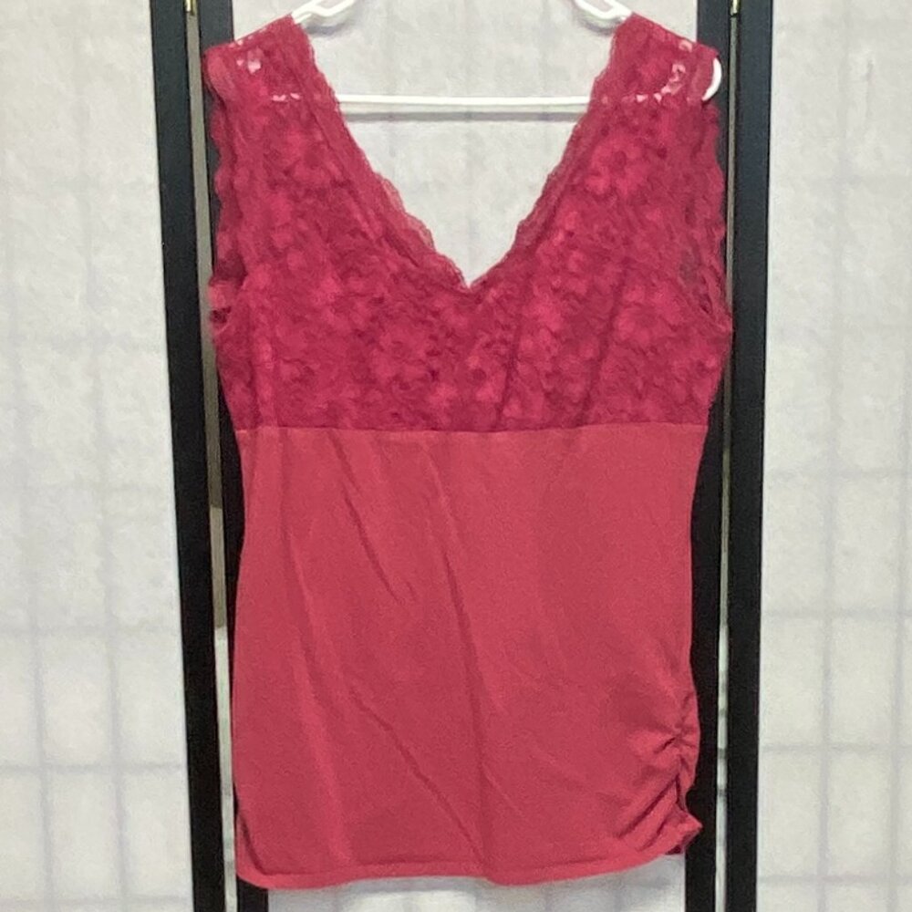 Maurices Sweetheart Neck Sheer Lace Sleeve Rouched Sides Knit Top Dark Pink XL